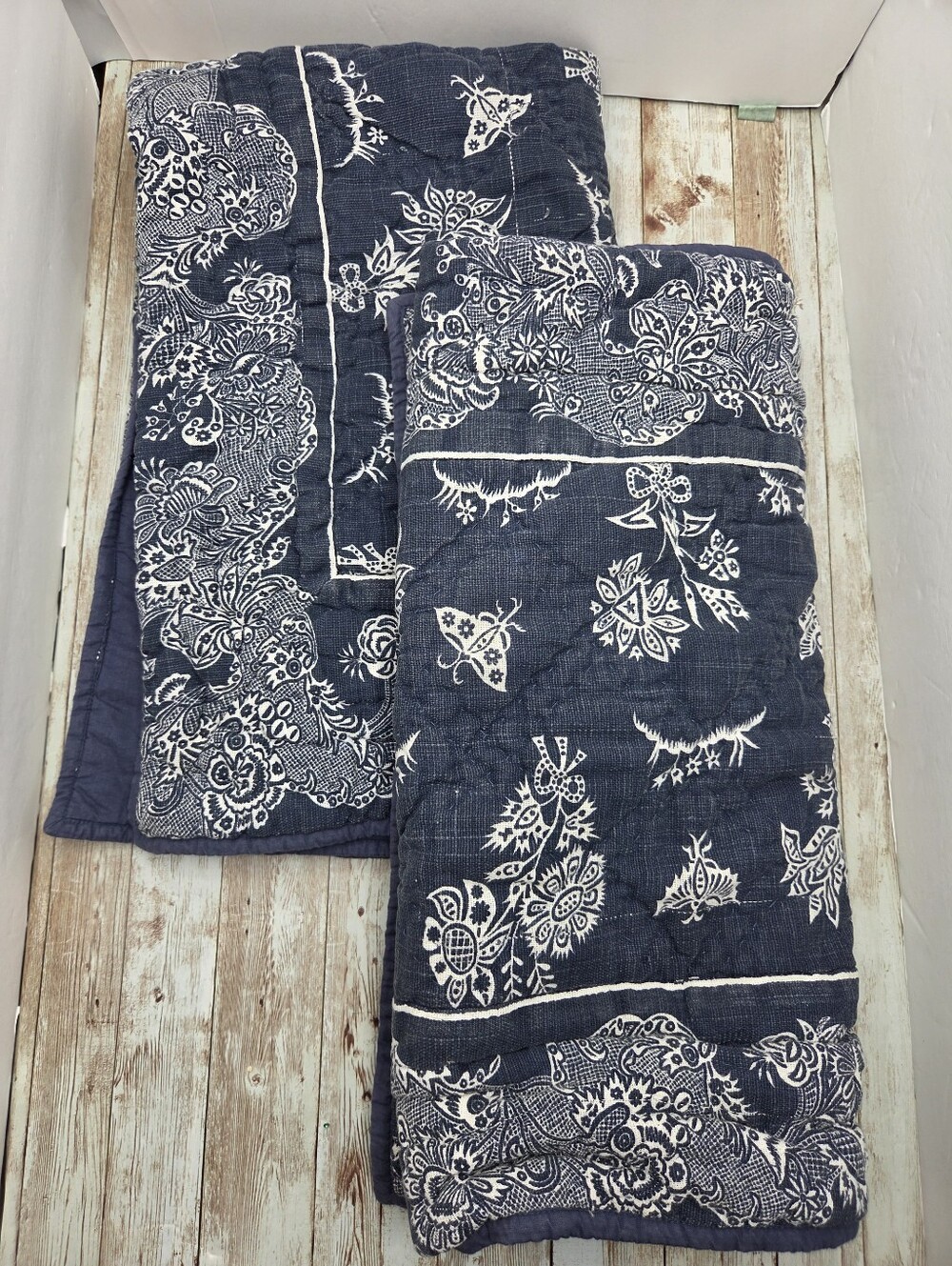 🛏️ Pottery Barn Navy Blue Floral Moth Quilted King Pillow Shams Set of 2 Cotton